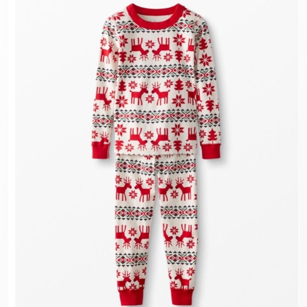 Hanna Andersson Dear Deer Long John Pajama Set Red Ivory Cream Winter Christmas